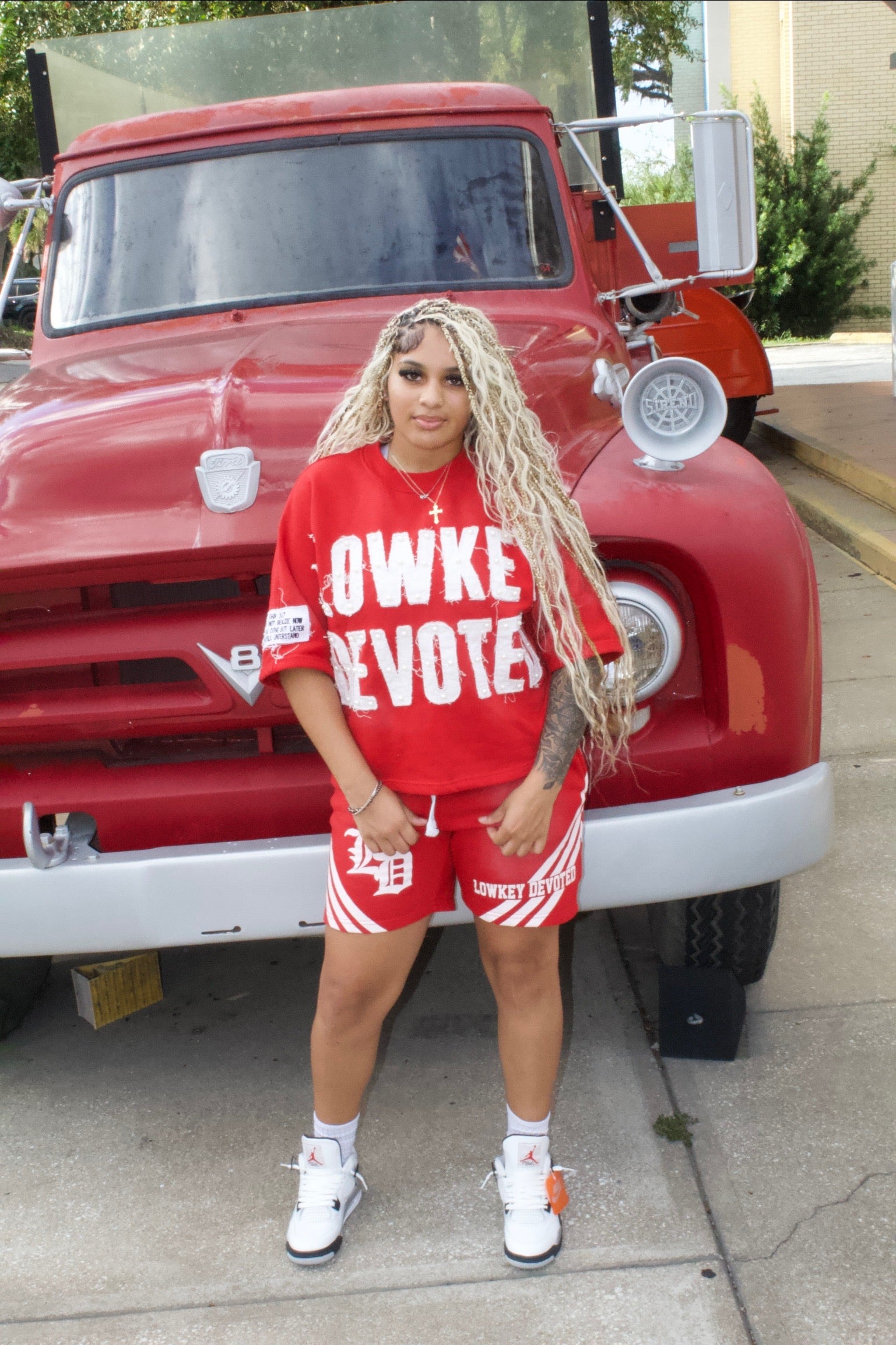 Boxy Fit "Lowkey Devoted " 2-Piece Set (Red)