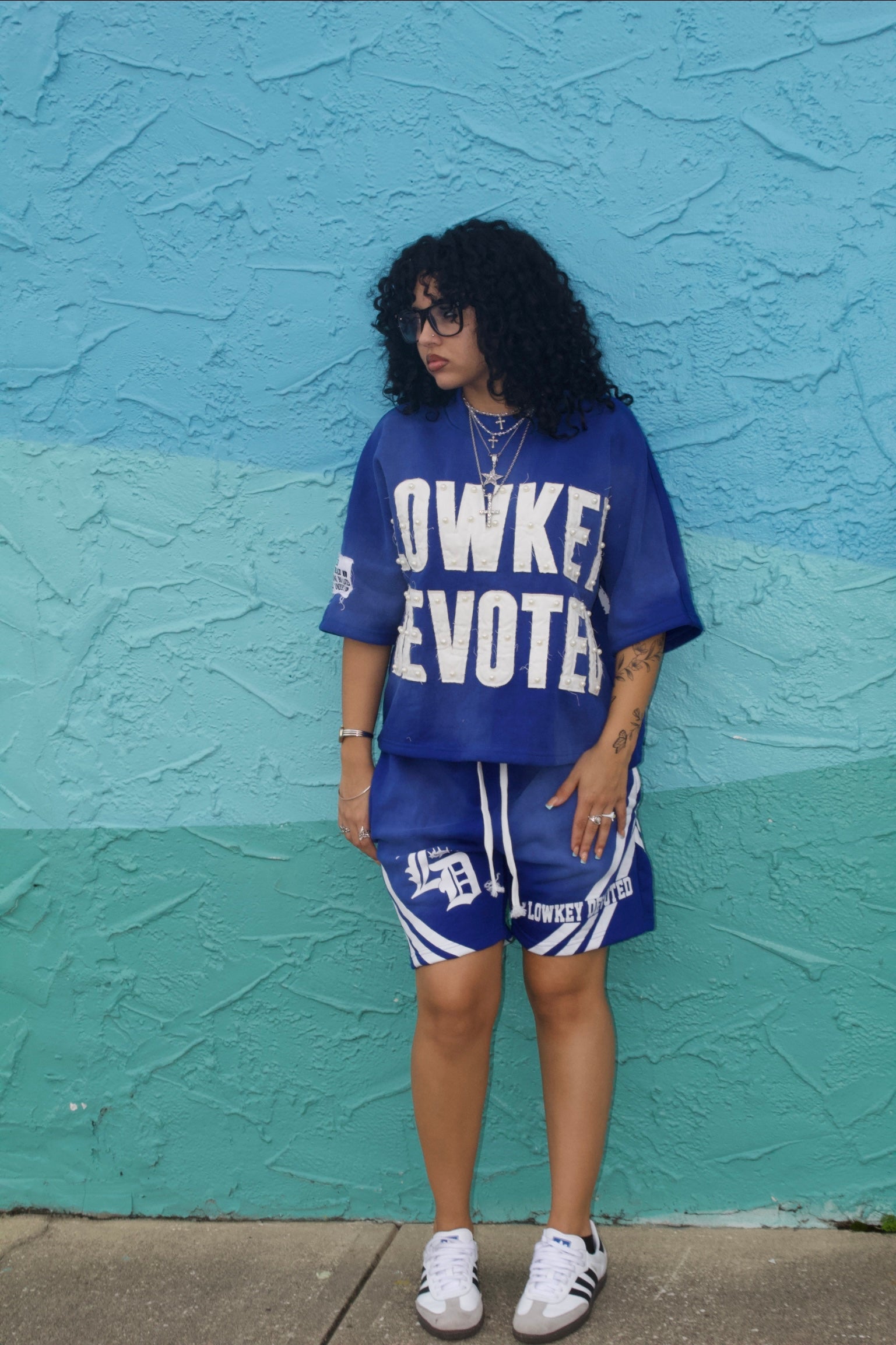 Boxy Fit "Lowkey Devoted " 2-Piece Set (Blue)